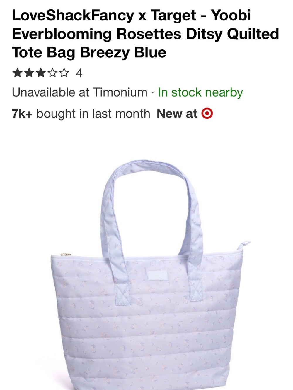 LoveShackFancy x Target Light Blue Everblooming Rosettes Ditsy Quilted
Tote